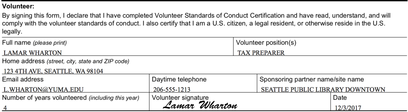 Example of a completed volunteer section of the Volunteer Agreement Example of a complete volunteer section of the Volunteer Agreement